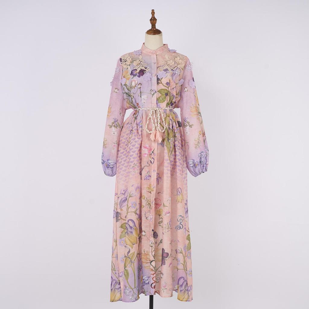 Exquise Robe Maxi Imprimée à Manches Bouffantes avec Détail à Nouer