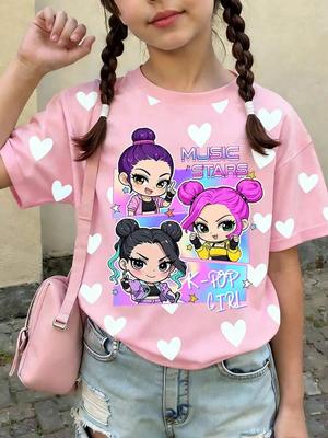 Kpop Cartoon Grafik Mädchen T-Shirt Lässiges Rundhals-T-Shirt Geeignet für Mädchen Kinder Geschenk Kurzarm