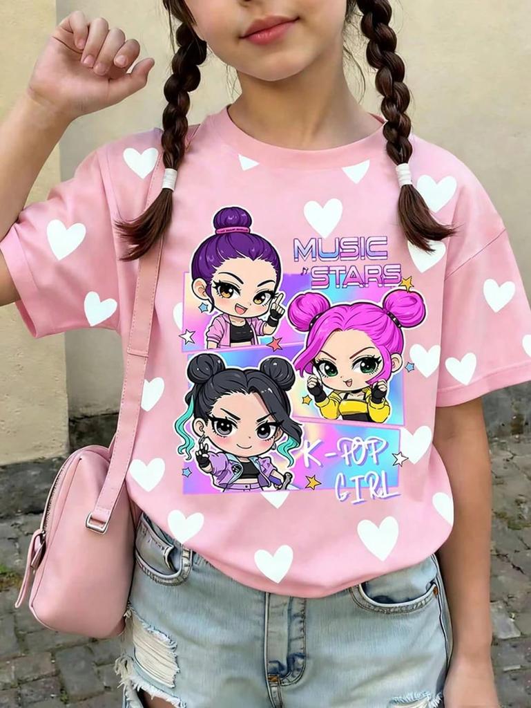 T-shirt Grafica Cartoon Kpop per Ragazze T-shirt Casual Girocollo Adatta per Ragazze Bambini Regalo Manica Corta
