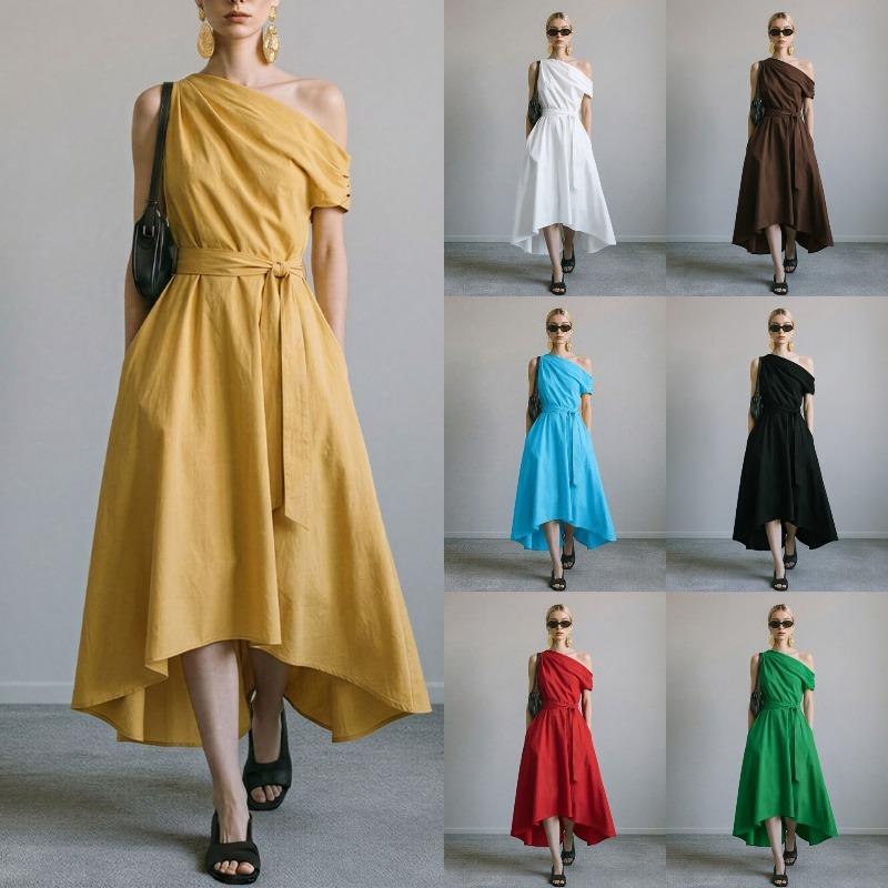 New Summer/Fall Collection Elegant Off-the-Shoulder Waist-Cinched Tie-Front Dress with Asymmetrical Hem for Women