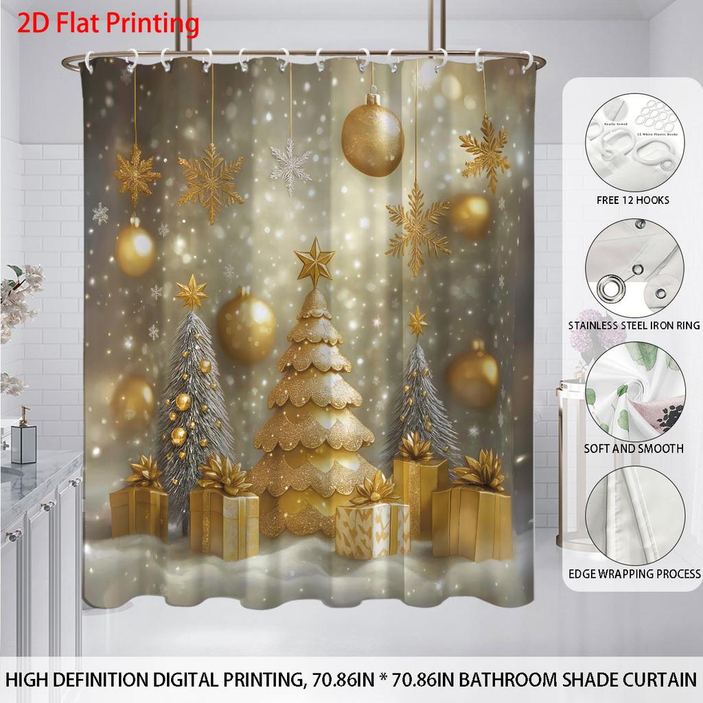 1Pc Golden Christmas Tree Print Waterproof Shower Curtain Partition Privacy Hanging Curtain, With 12 Hooks For Easy Installation