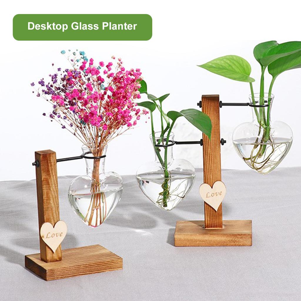 1Pc Heart Shape Hydroponic Vase Desktop Glass Plant Terrarium with Wood Support Stand Glass Vase Water Plant Propagation Station