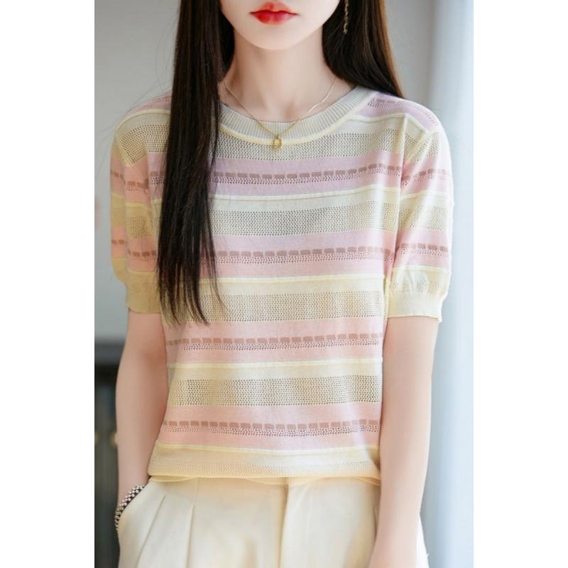 Striped Front-sleeve Short-sleeved T-shirt for Women - Summer New Style - Color-matched Loose Knitted Round-neck T-shirt - Short Top