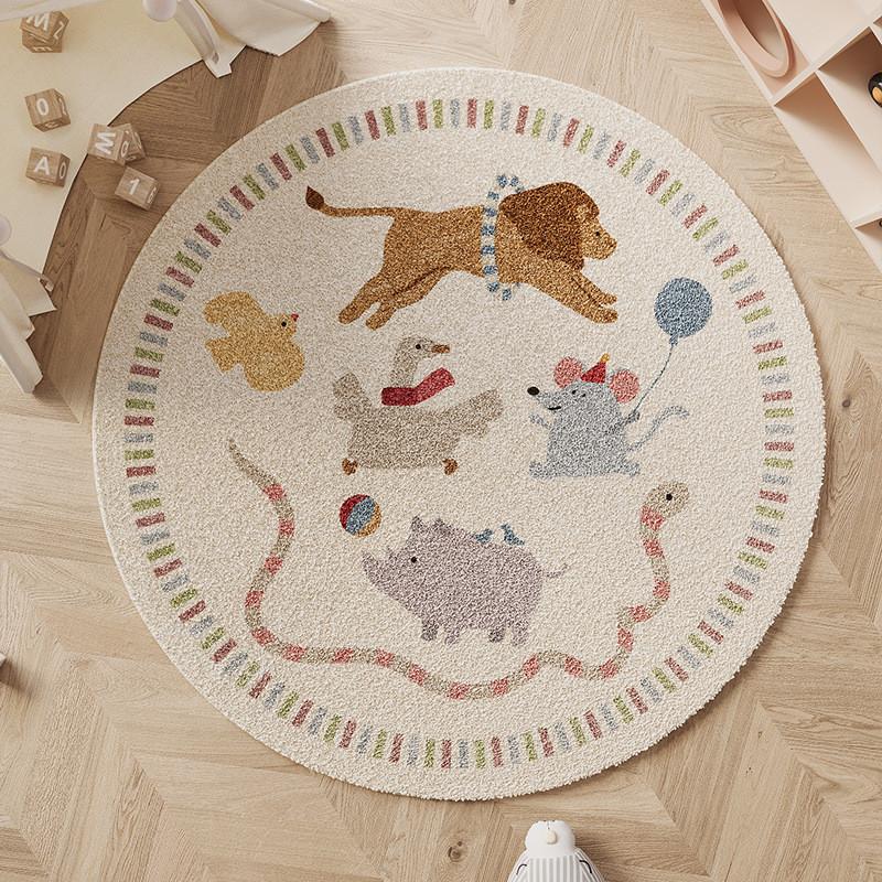 Cartoon Round Area Rug For Bedroom With Monster And Dinosaur Print Design Kids Reading Room Decor