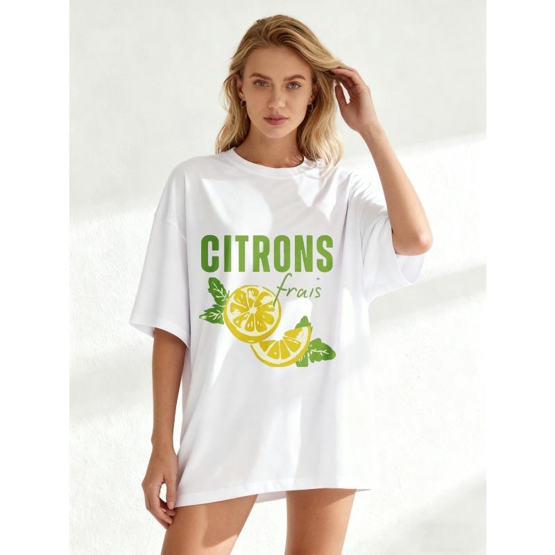 Oversize T-shirt Czarny Citrons Frais Nadruk Cytryn i Tekst Letnia Codzienna Odzież