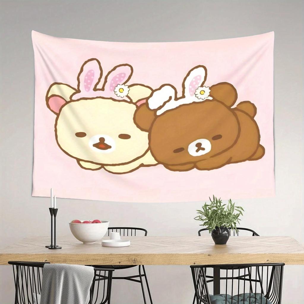 ZLIENSZUS Rilakkuma Großer Wandbehang Wandteppich Niedlicher Zeichentrickcharakter Mit Rosa Hasenohren Weißen Schwänzen