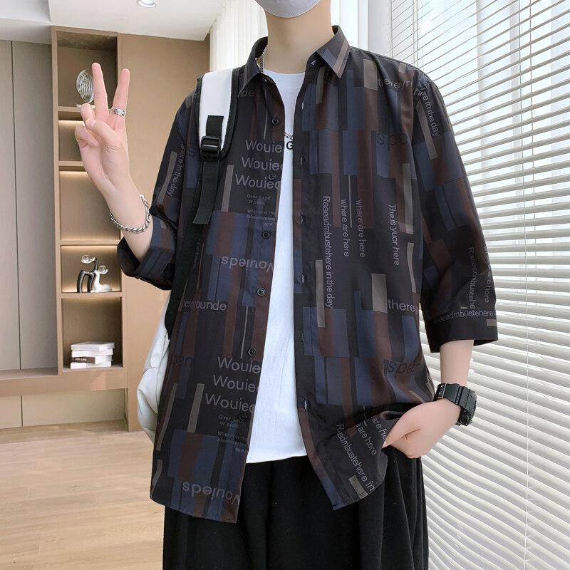 7-quarter Sleeve Shirt Men's Short-sleeved Casual Loose Summer Thin Half-sleeved Striped Shirt Trendy Handsome Mid-sleeved Inch