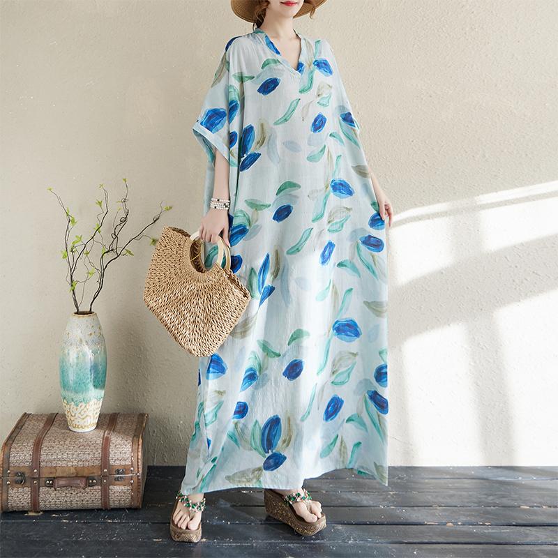 

DIMANAF 2025 Женское платье больших размеров Весна-лето Повседневное платье Базовое свободное принтованное хлопковое льняное винтажное макси One Size синий