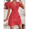 Abito estivo di tendenza europeo e americano sexy con scollo a V profondo e piccolo motivo floreale, elegante, da donna