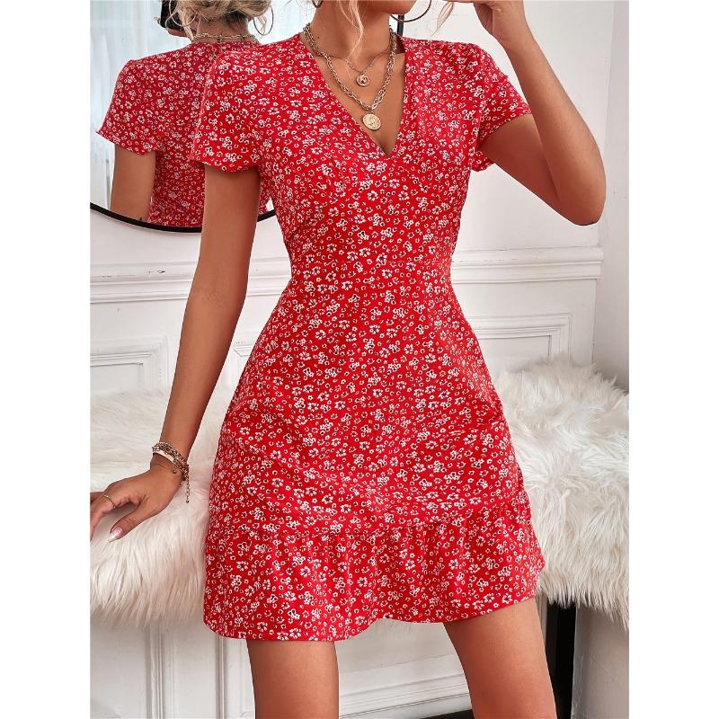 Abito estivo di tendenza europeo e americano sexy con scollo a V profondo e piccolo motivo floreale, elegante, da donna