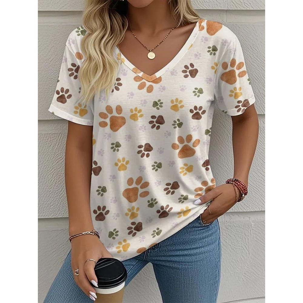 Summer V-neck 3D Cat Paw Pattern Printed Top Fashionable Casual Short Sleeved Women's T-shirts