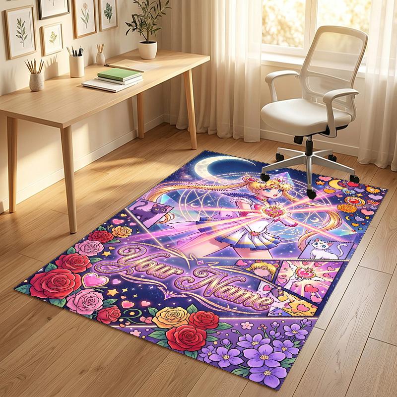 Personalized Crystal Velvet Carpet,Sailor Moon Custom Printed Name, Plush Area Rug For Home Indoor Decor