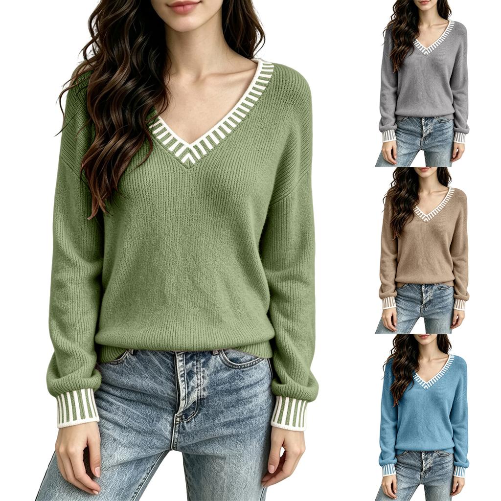 Damen Gestreifter V-Ausschnitt Strickpullover Langarm Lockerer Sitz Lässiges Oberteil
