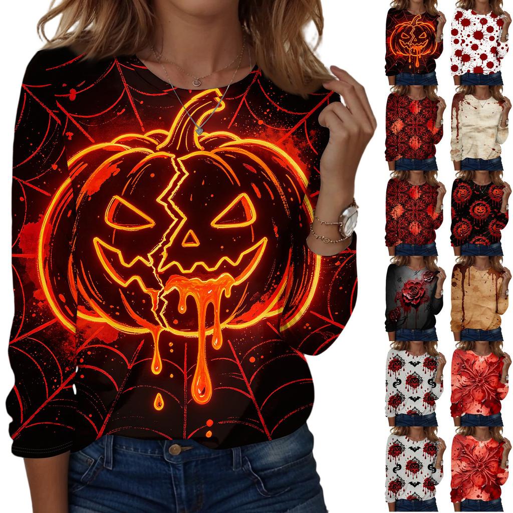 Women's Casual Long Sleeve Pullover Sweatshirt Halloween Print Crew Neck Top Loose Fit Lightweight Comfortable Fabric