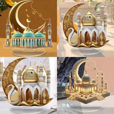 Ramadan Moon Castle Star Acrylic Desktop Ornament 2D Eid Mubarak Shiny Gold Tabletop Decor Islamic Muslim 2025 Party Supplies