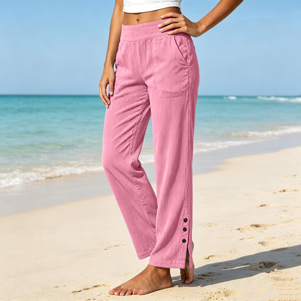 Women's Casual Corduroy Straight Leg Pants Color Button Front
