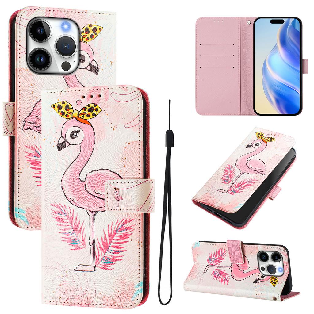 For iPhone 16 Pro Case Pattern Printing Wallet Phone Cover with Strap
