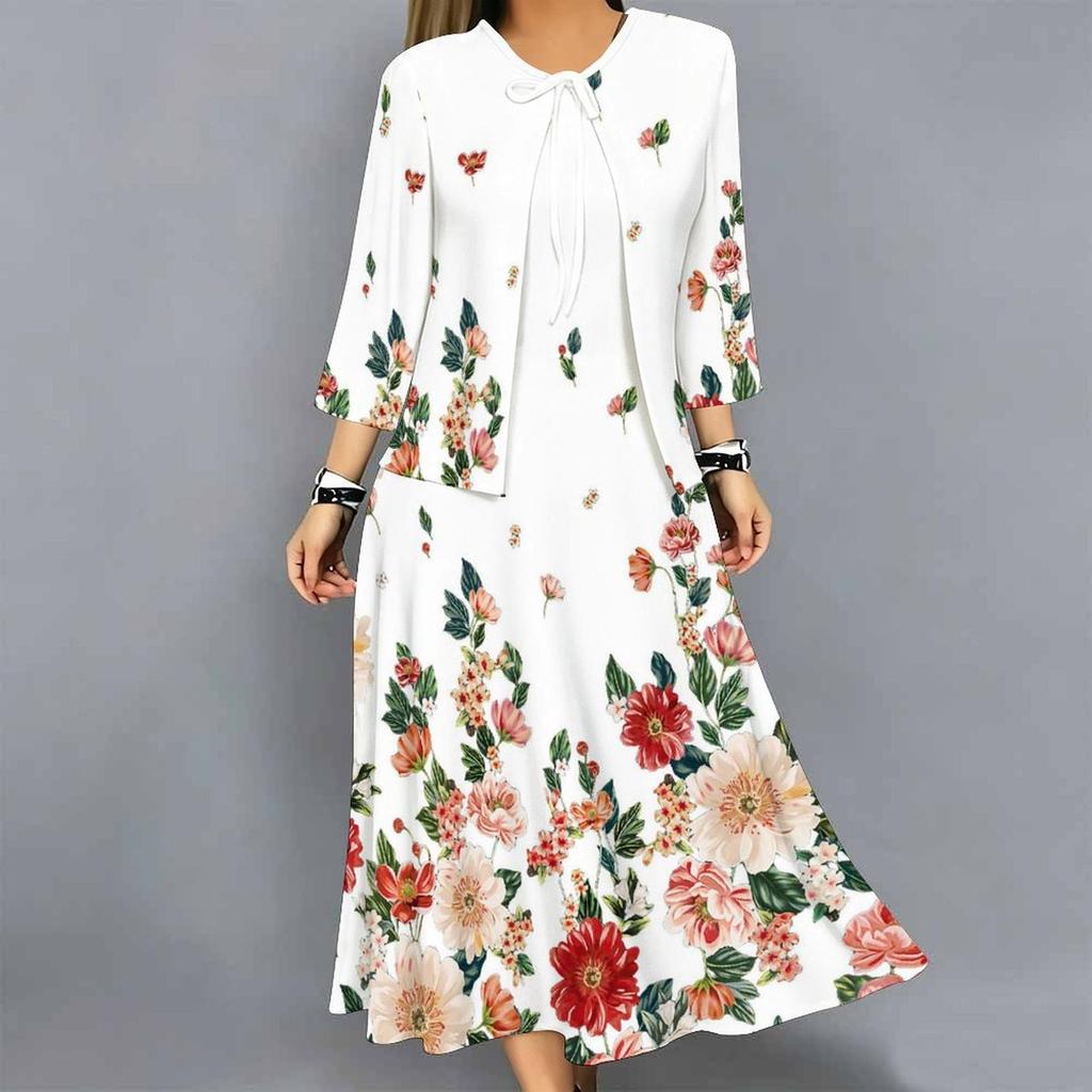 Oversized Female Two Piece Set Floral Sling Dress With Hollow Out Knit Outer Coat