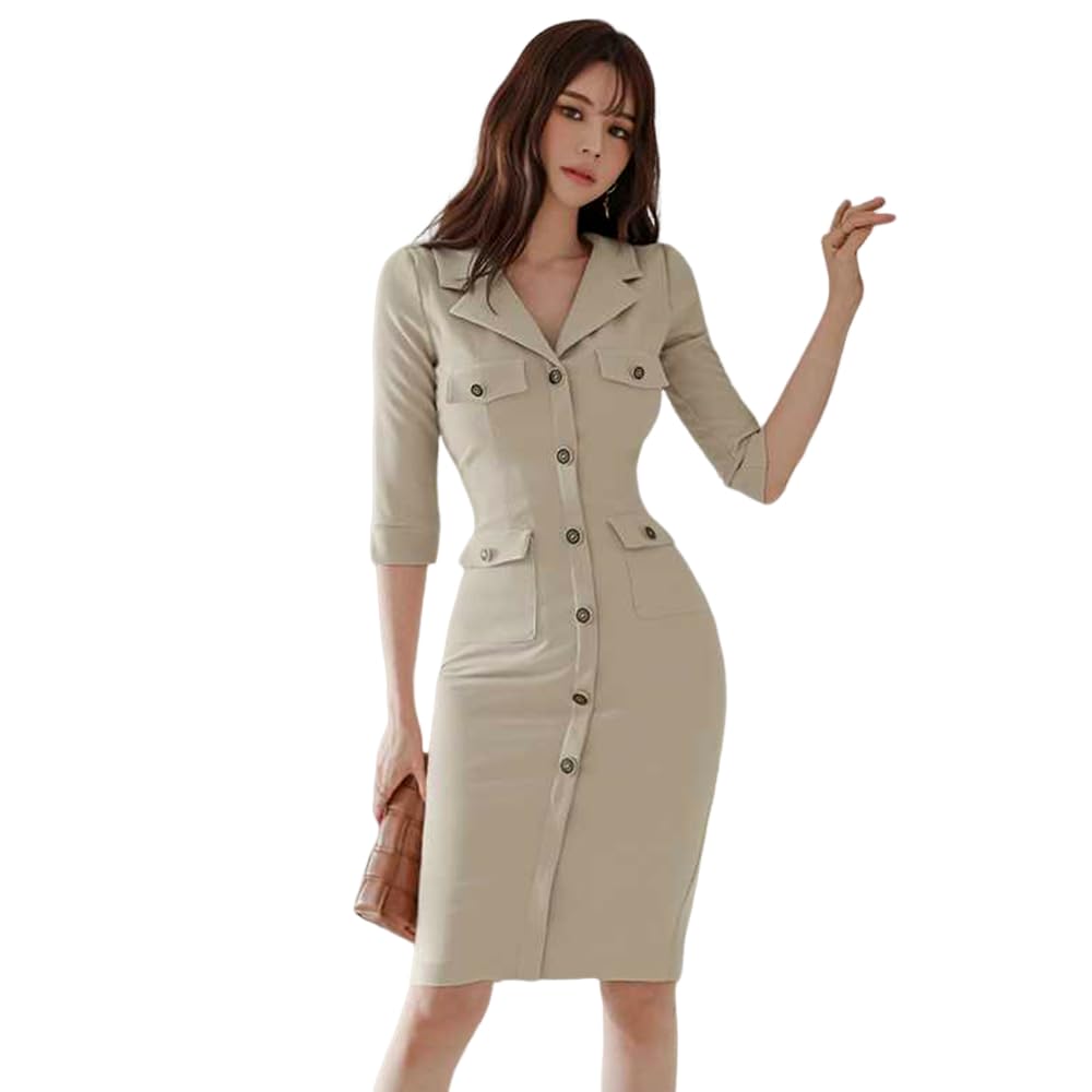 GRAXIA Beige Midi Perfect for Hostess and Features Elastic and Size L Women's Dress, Hostesses, Clubs, Lounges, Three-Quarter Sleeves, Waistline,