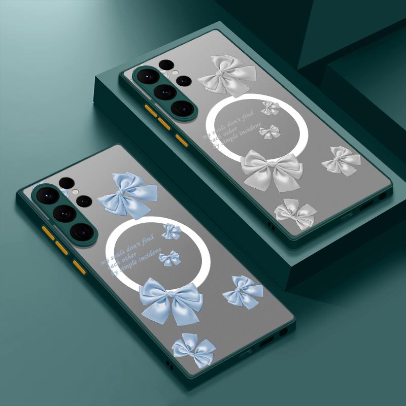Bowknot Pattern Clear Magnetic Case For Samsung S25 S24 FE S23 Ultra S22 A56 A36 A15 A55 A35 Wireless Charge Shockproof Slim Matte Hone Cover