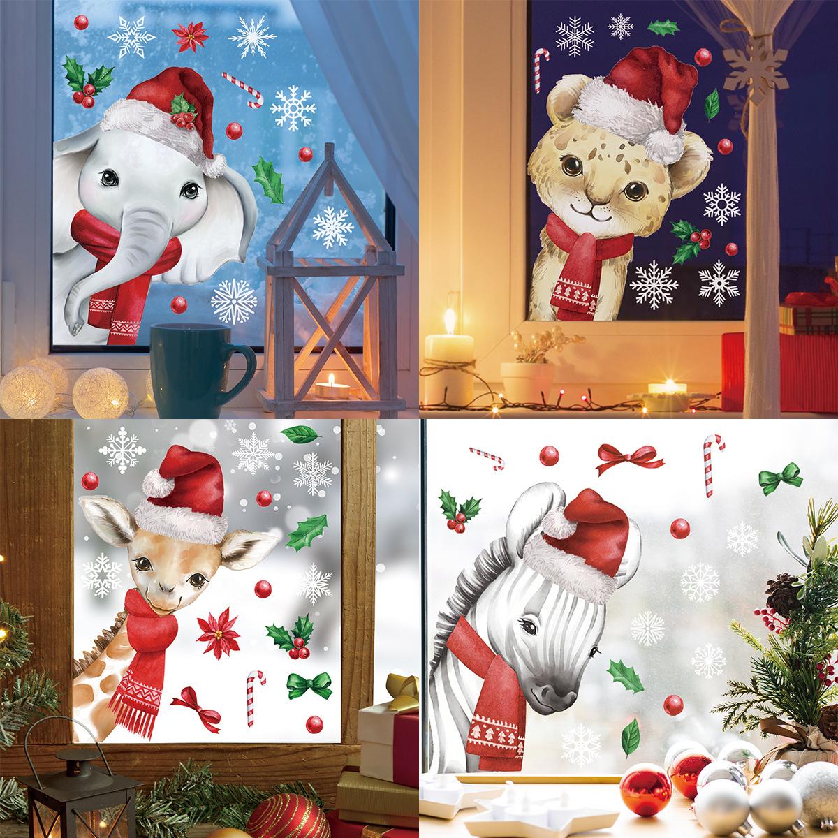 

Рождественский мультяшный животный слон Жираф Зебра Леопард Наклейка на стену двусторонняя визуальная рождественская декоративная стеклянная наклейка