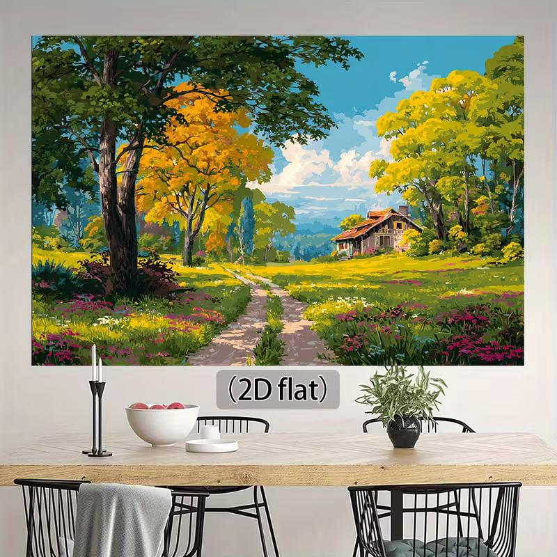 2D Fall Meadow Cottage Backdrop Oil Painting Nature Scenery Photography Background