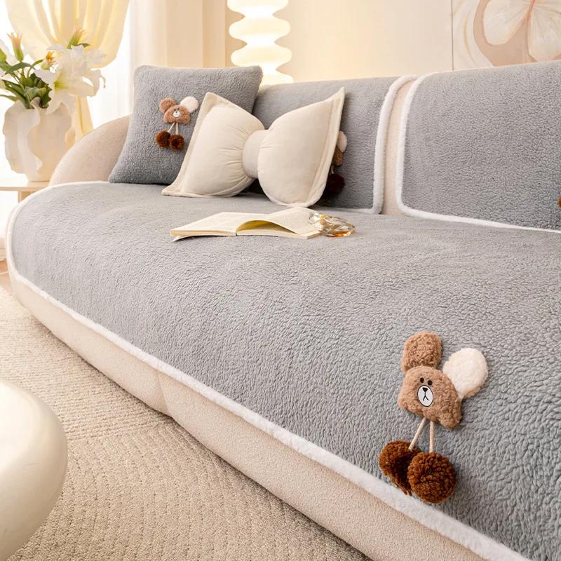 Lamb Wool Warm Sofa Cover Cloth Thickened Cartoon Teddy Bear Decoration Sofa Cushion Cover Anti Slip All Year Round Universal