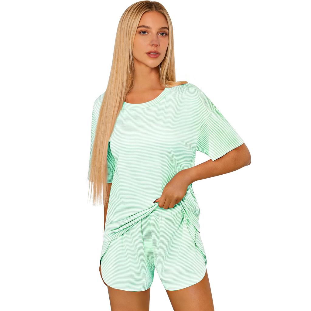 Pigiama da Donna a Maniche Corte Strisciato Stampato Due Pezzi Loungewear Scollo Pajamas Set Pantaloncini Spaccati Morbido Biancheria da Notte