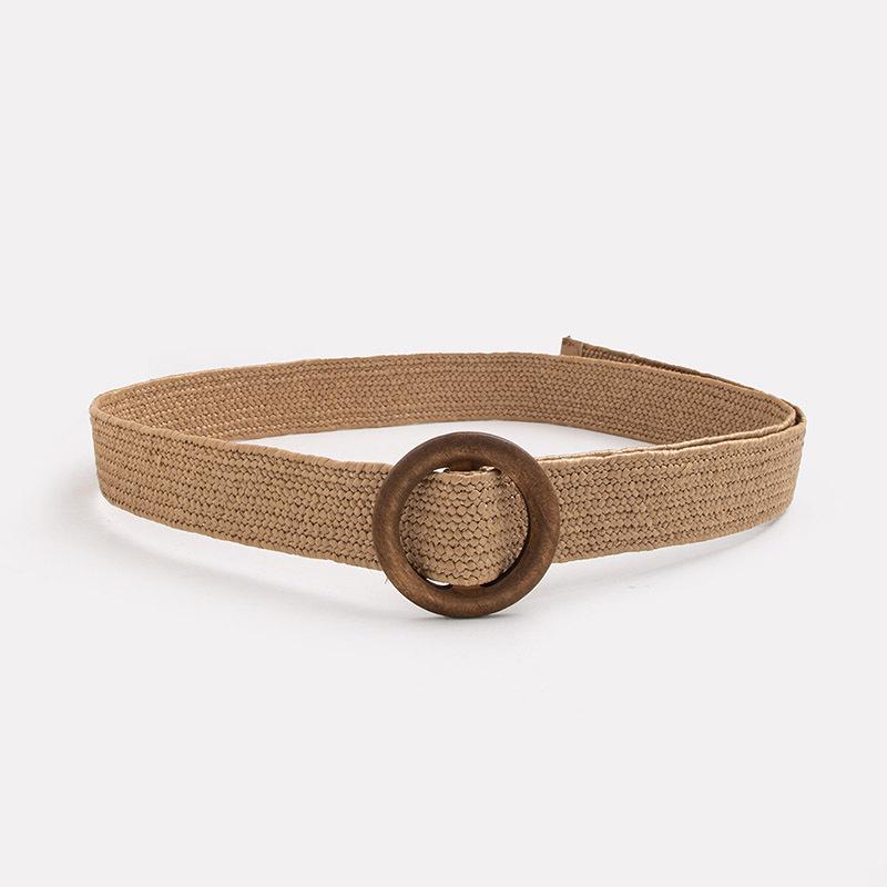 Bohemian-style Belt with Round Wood Buckle, Natural Country Stretch Pp Grass, Natural Women's Belt, Versatile Vacation Belt