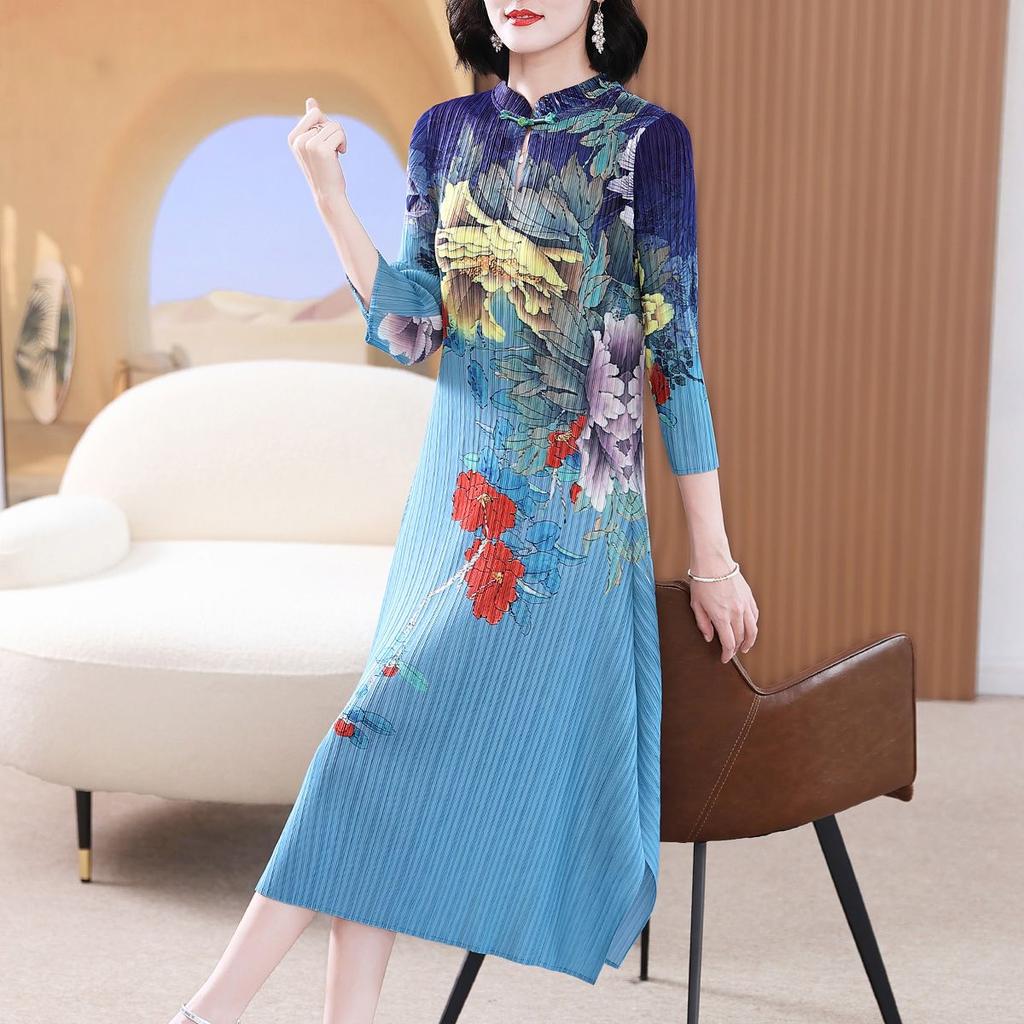 Spring and Autumn Women's Printed Dress Slim Long A-Line Long Dress Irregular Hem