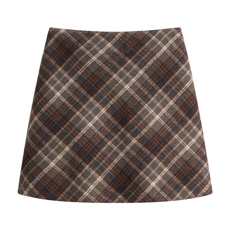 Plus Size Retro Plaid Woolen A-line Skirt - Autumn/Winter Women’s Slimming Hip-hugging Short Skirt