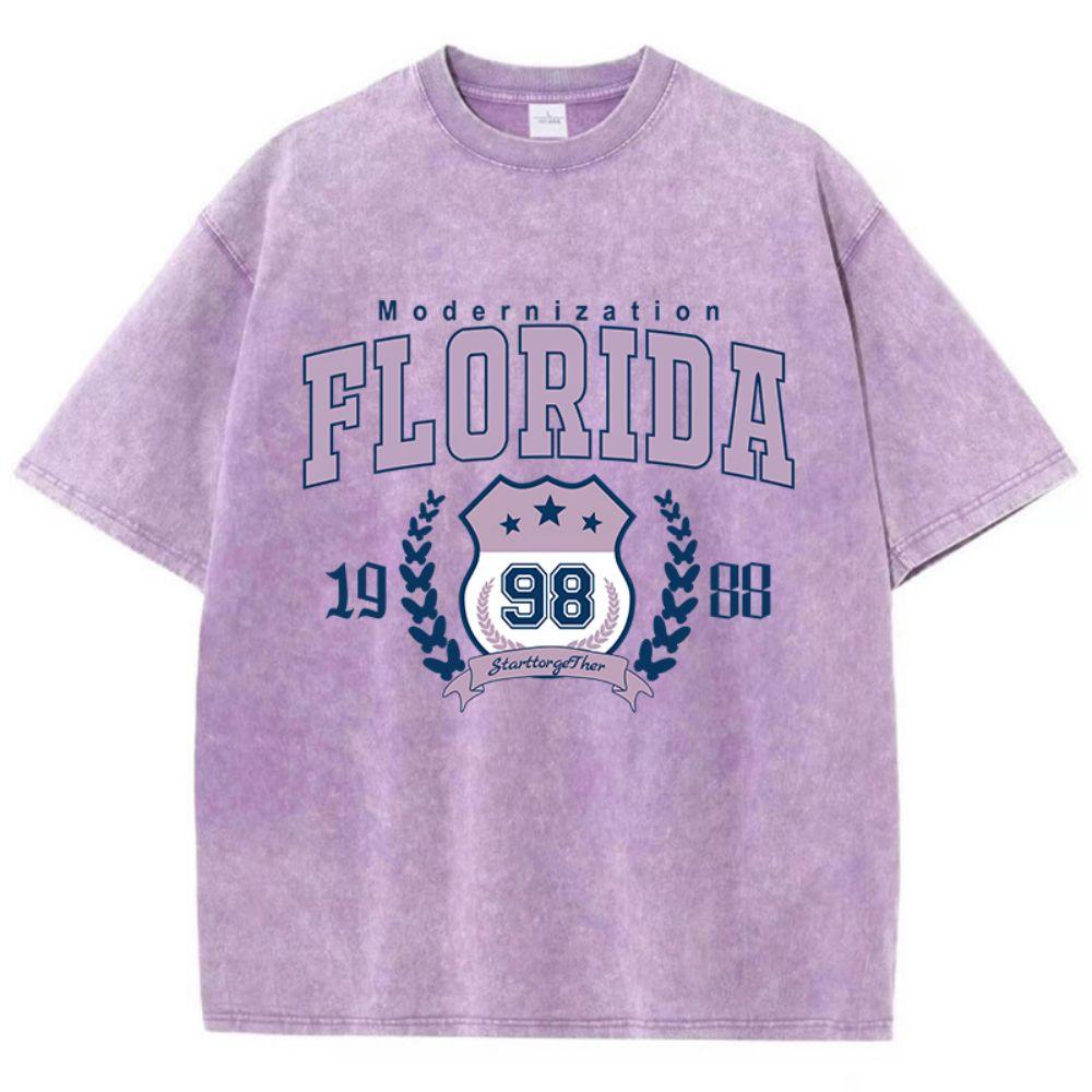 Fashion Woman Cotton Washed T-Shirts Modernization Florida Printing Tees Breathable Oversize O-Neck Summer Street Female Clothes