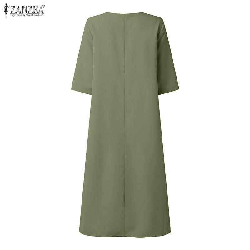 ZANZEA Women Casual Round Neck Solid Color 3/4 Sleeve Loose Dress