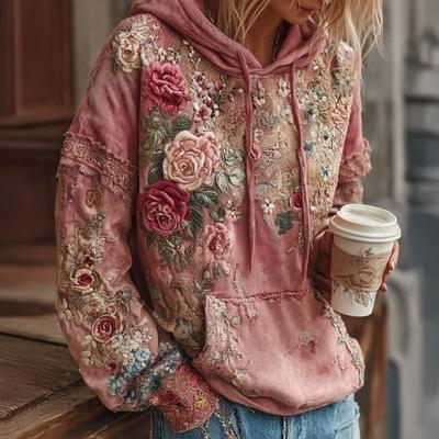 Dame Vintage Bohemsk Blomstret Hettegenser Casual Langermet Hettegenser med Lomme Oversized Blomsterkunsttrykk Pullover Topper