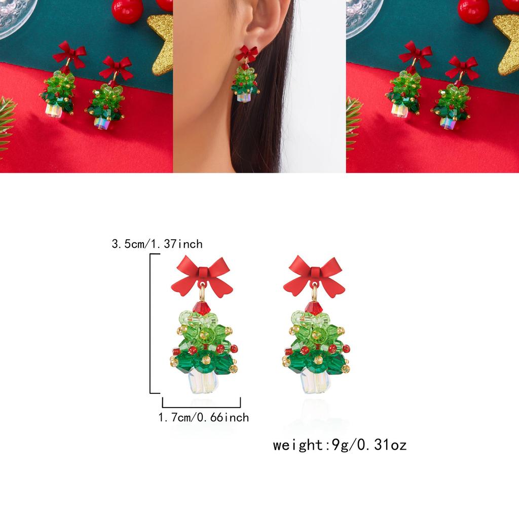 Christmas Tree Earrings Girls Alloy Red Bow Sparkling Jewelry With Holiday Style For Women