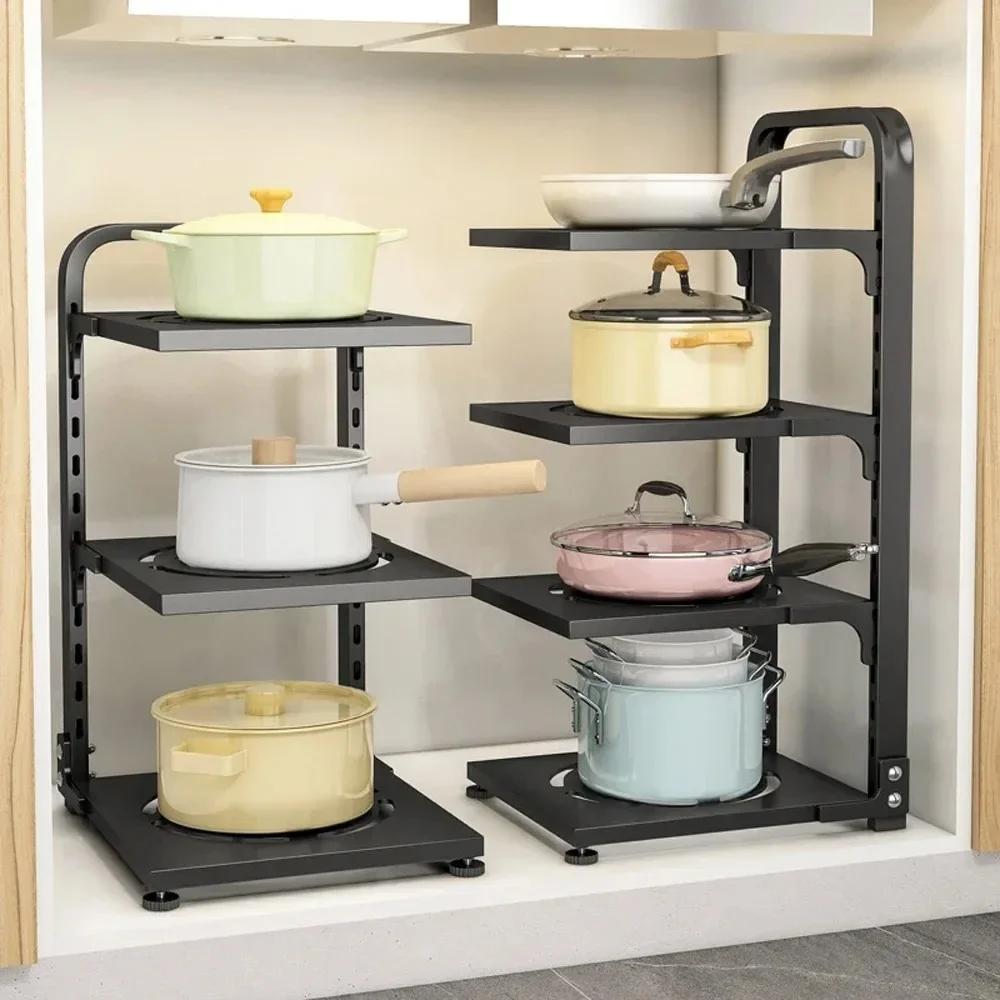 Kitchen Under Sink Pot Holder Multilayer Frying Pan Rice Cooker Seasoning Storage Rack Adjustable Stainless Steel Organizer