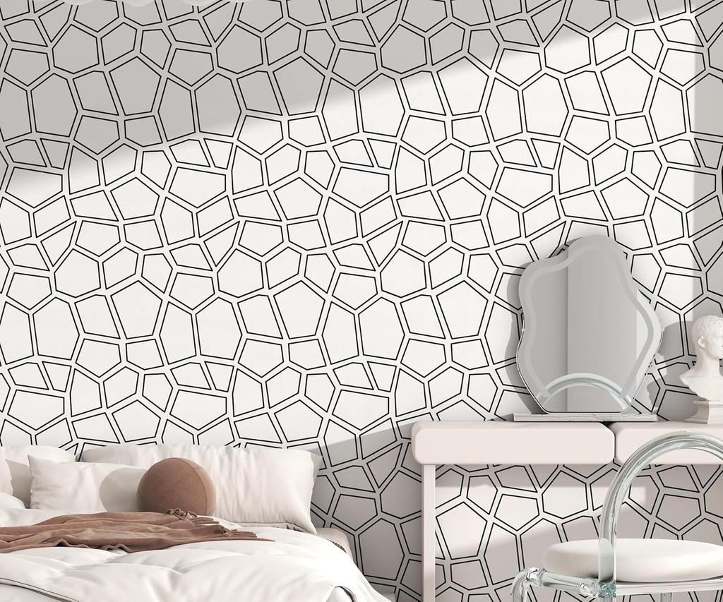 Geometrische Klebe-Tapete Modern Strukturiert Schwarz Weiß Selbstklebende Tapete Boho Abnehmbares Kontaktpapier für Schränke