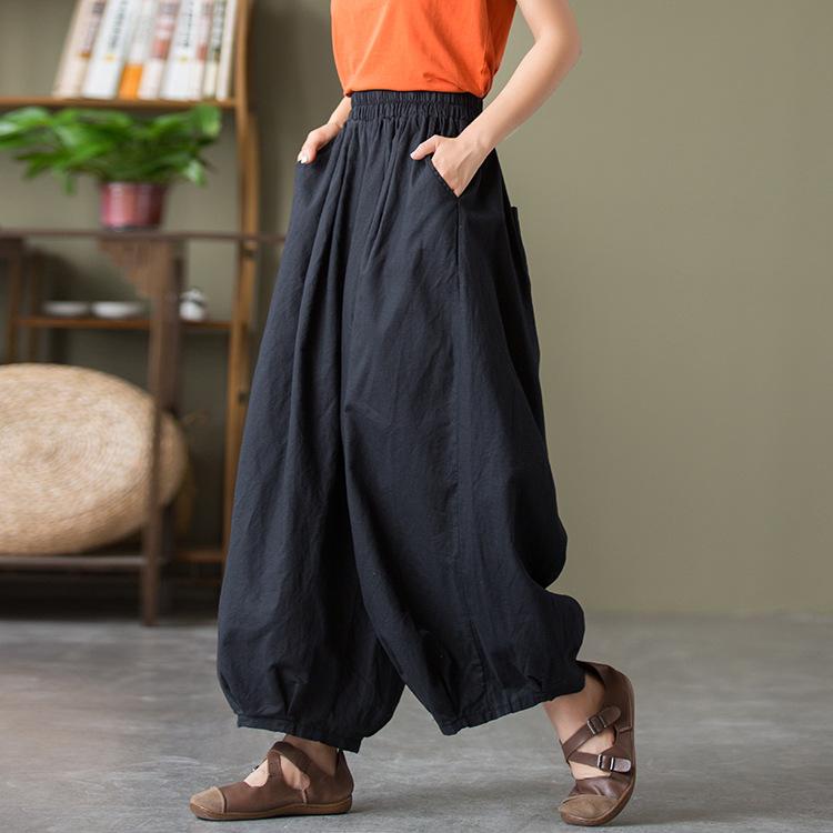 

Spring and Summer Women s High Waist Casual Bloomers Pants Women Vintage Style Solid Color Cotton Linen Female Ankle-length Pants One Size чёрный