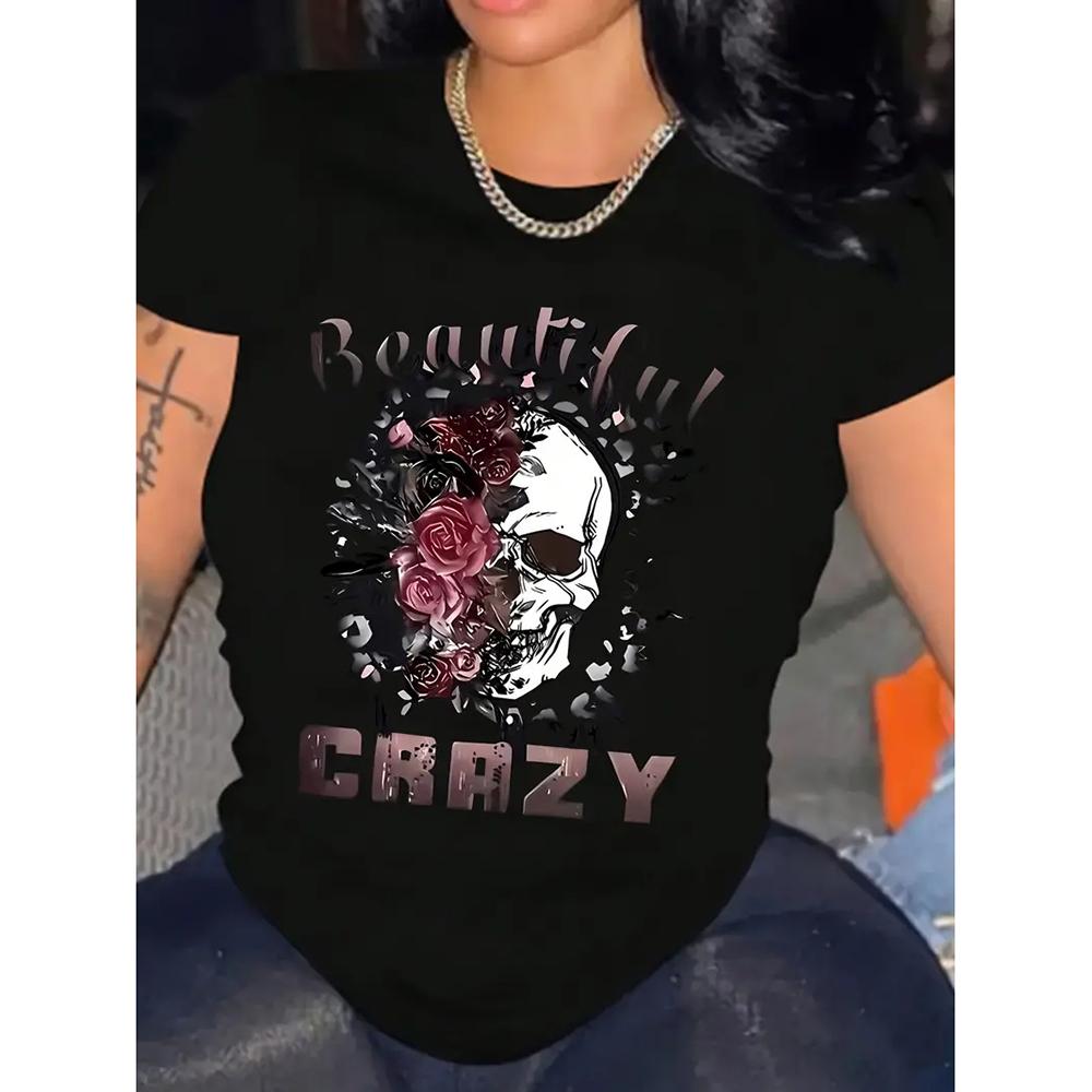 Summer Fashion Short Sleeve Tops Casual 3d Skull Printed T-shirts Female Clothing O-Neck Streetwear Tees & Blouses Oversized