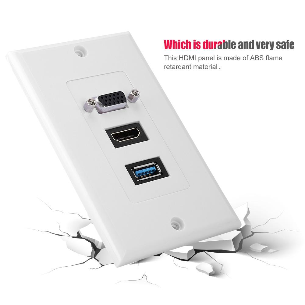 US 3 PORT VGA HDMI USB3.0 Socket Wall Mount Panel Adapter Wall Socket