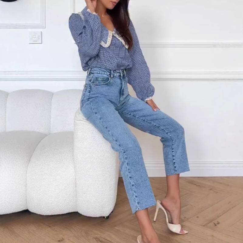 Модная ретро повседневная синяя клетчатая рубашка с кружевной вставкой, свободная, с длинным рукавом S синий