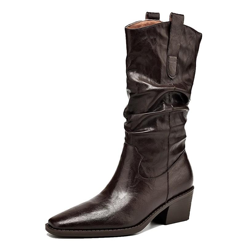 Maillard soft leather short boots women's autumn and winter boots stacking boots medium boots knight boots thick heel western cowboy boots