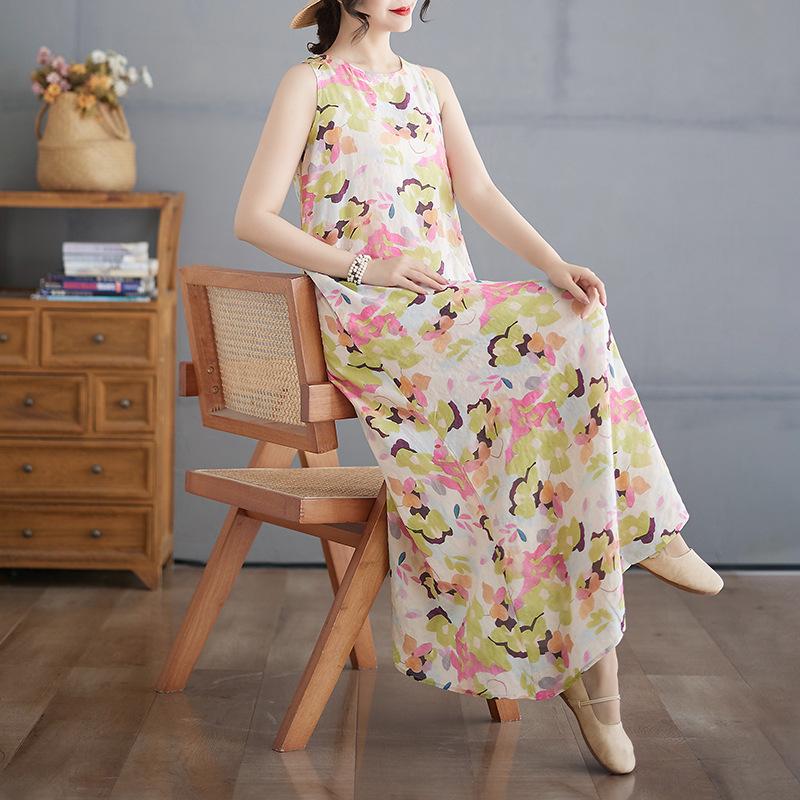 Sommer Neues Künstlerisch Bedrucktes Rundhals Ärmelloses Kleid Damen