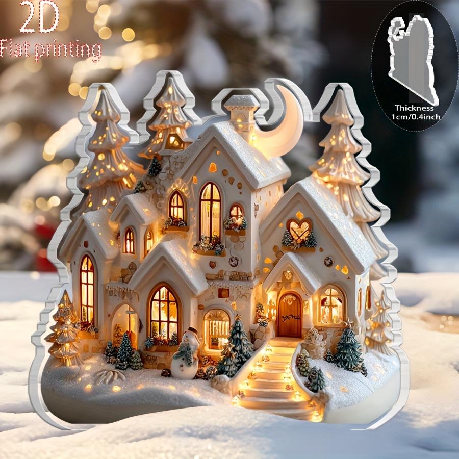 2D Flat Snowy Winter Scene Acrylic Christmas House Model Desktop Decoration, Suitable for Wall Decoration, Porch, Room, Villa, Accents Home, Hallway,