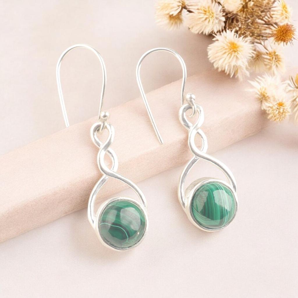 Natural Green Malachite Gemstone 925 Sterling Silver Handmade Dangle Earrings CE-15-27