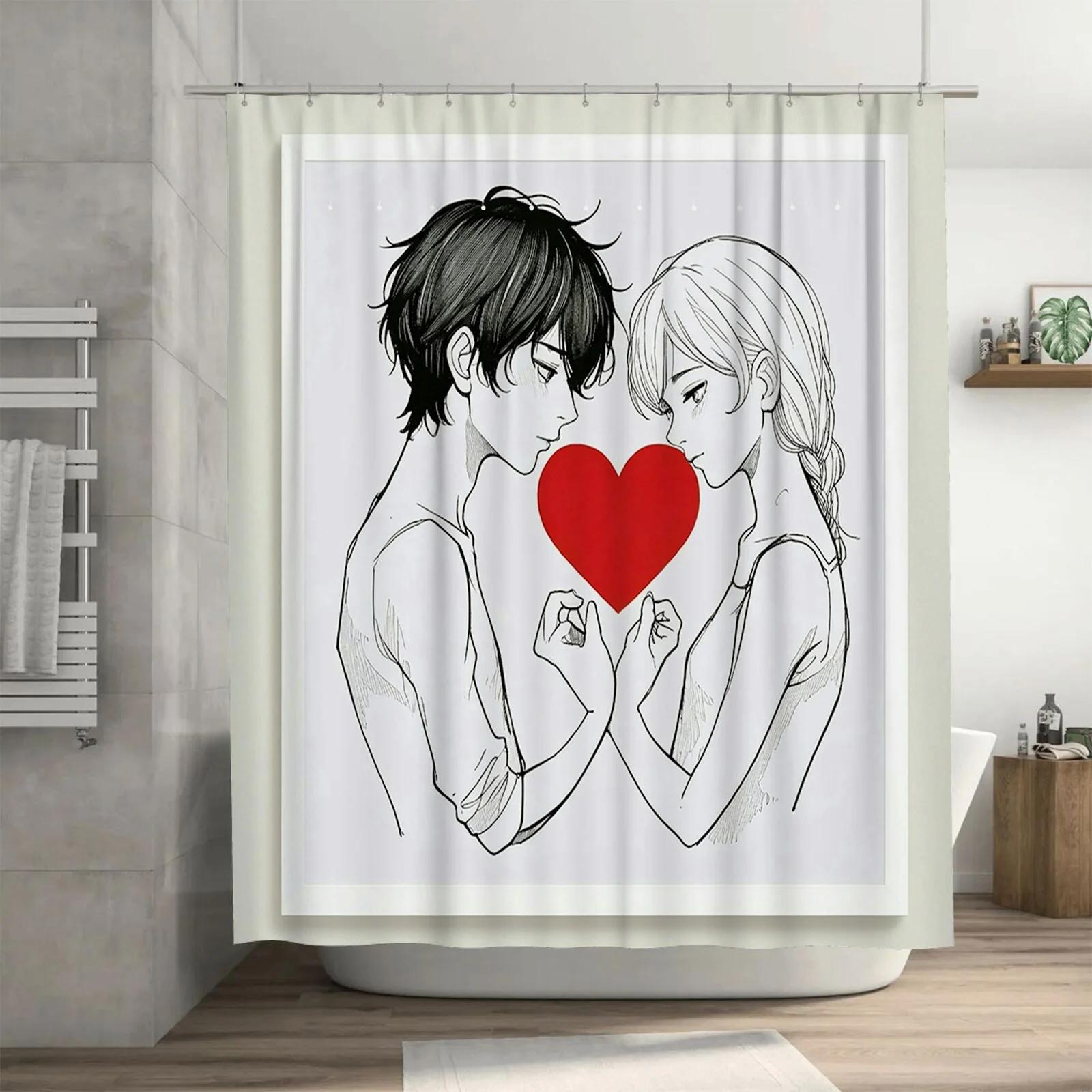 

Romantic Couple Shower Curtain, Heart Design, Cozy Love Theme For Bathroom - Perfect Home Decor And Unique Gift Idea W60H190(CM)-1 Pcs