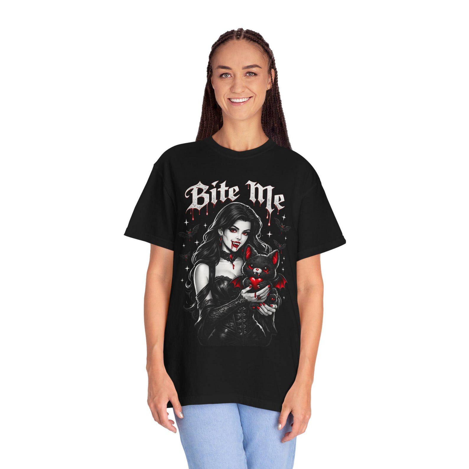Bite Me Gothic Tee,Vampire Girl Holding Bat Cat T shirt S