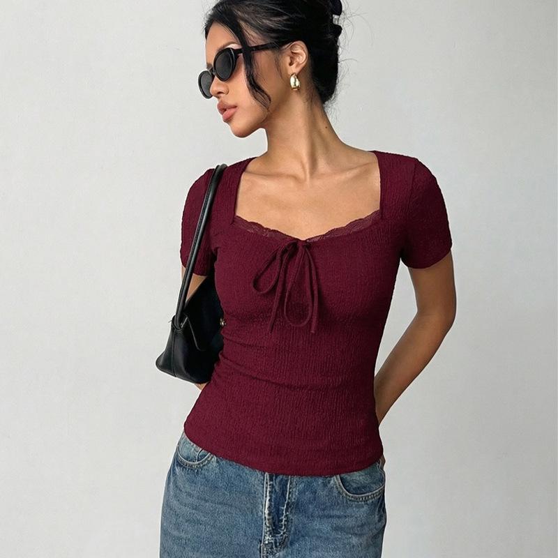 Cross-border European and American fashion short-sleeved t-shirt lace collar slim-fit women s clothing 2026 spring and summer foreign trade Amazon S бордовый