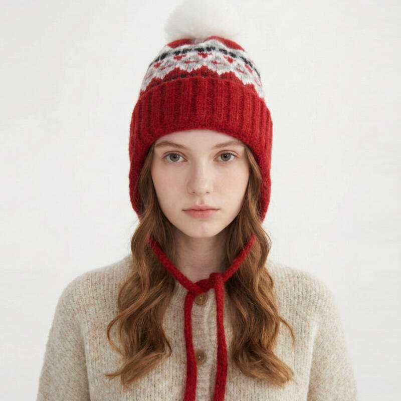 Shara Winter Earflap Hat Nordic Knit Pom Pom Hat K258 Khaki