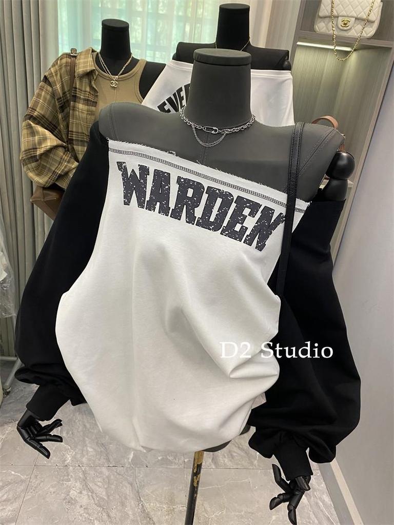 Korejská barevně blokovaná mikina s dlouhým rukávem na zavazování se syrovým okrajem pro ženy